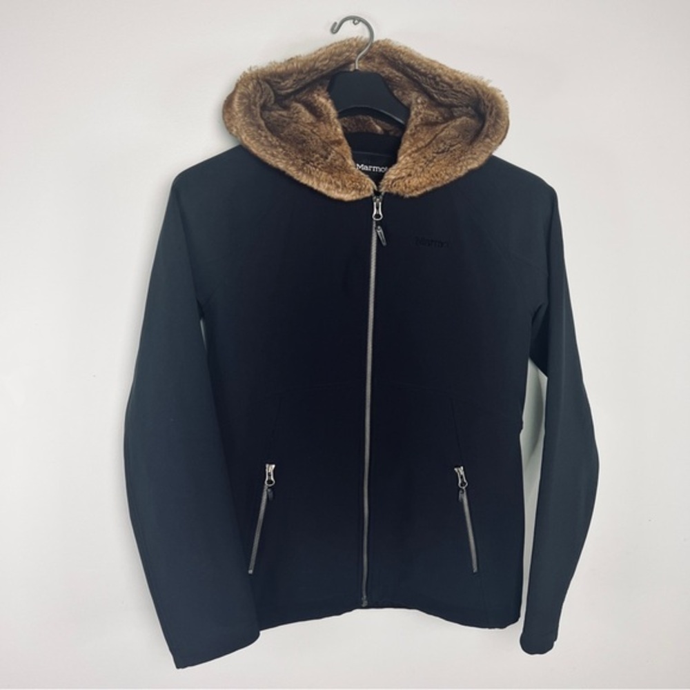 Marmot Women’s Black Furlong Jacket with Brown Faux-Fur Hood, Size Medium
